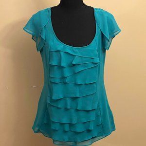 Worthington Polyester Green Ruffled see thru summer Blouse Cap Sleeve 2PC M